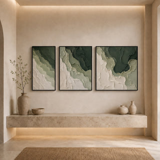 Black box framed abstract relief canvas set above a stone ledge