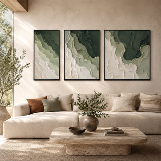Framed 3D relief abstract wall art in a sunlit living room