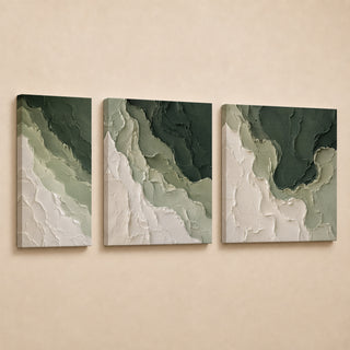 Green and bone marbled abstract relief canvas triptych in gallery wrap