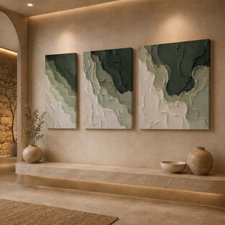 Gallery wrap forest green abstract relief canvas above a stone ledge