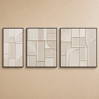 Cream geometric abstract relief canvas set of 3 in black box frames