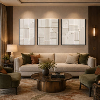 Black box framed ivory geometric abstract relief canvas set of 3 in a lounge