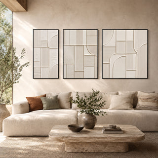 Framed 3D relief abstract wall art in a sunlit living room