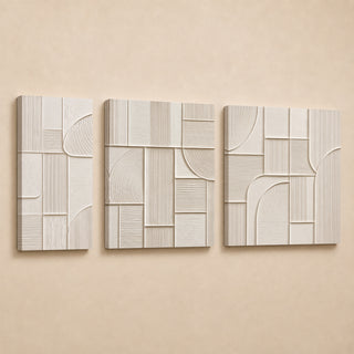 Cream and bone geometric abstract relief canvas triptych in gallery wrap