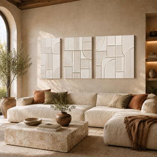 Ivory grid abstract 3D relief textured canvas print set of 3