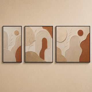Terracotta and rust bloom abstract relief canvas set of 3 in black box frames