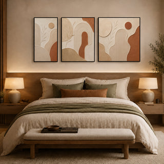 Framed abstract relief wall art above a bed in a warm bedroom