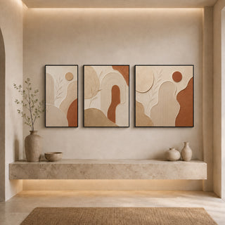 Black box framed abstract relief canvas set above a stone ledge