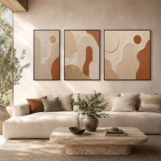 Framed 3D relief abstract wall art in a sunlit living room
