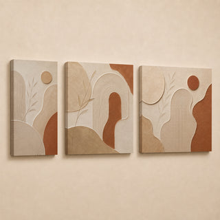 Terracotta and rust bloom abstract relief canvas triptych in gallery wrap