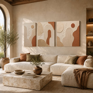Terracotta and rust bloom abstract 3D relief textured canvas print set of 3