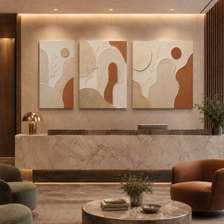 Terracotta bloom abstract relief canvas set of 3 in a marble reception lobby
