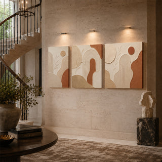 Terracotta bloom abstract relief canvas triptych on a stairwell wall