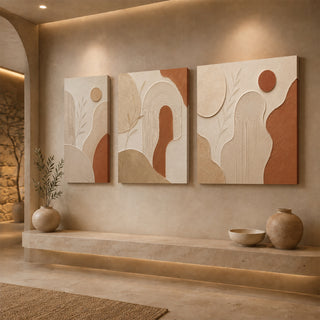 Gallery wrap terracotta bloom abstract relief canvas above a stone ledge