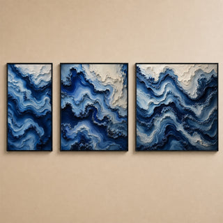 Blue marbled abstract relief canvas set of 3 in black box frames