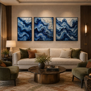Black box framed cobalt blue abstract relief canvas set of 3 in a lounge
