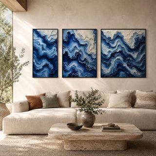 Framed 3D relief abstract wall art in a sunlit living room