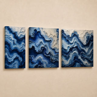 Blue and cream marbled abstract relief canvas triptych in gallery wrap