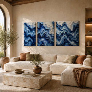 Cobalt blue marbled wave abstract 3D relief textured canvas print set of 3