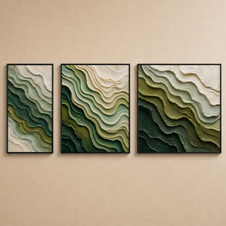 Green contour abstract relief canvas set of 3 in black box frames