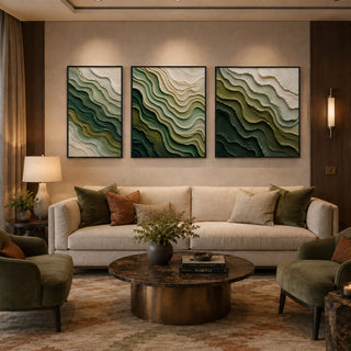 Black box framed green ridge abstract relief canvas set of 3 in a lounge