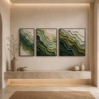 Black box framed abstract relief canvas set above a stone ledge