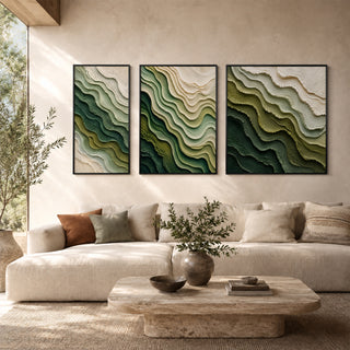 Framed 3D relief abstract wall art in a sunlit living room