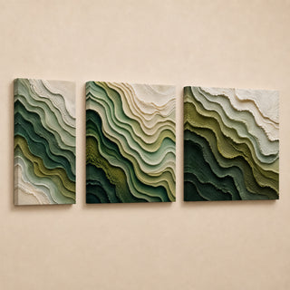 Forest and olive contour line abstract relief canvas triptych in gallery wrap
