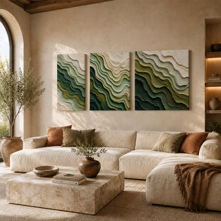Green topographic ridge abstract 3D relief textured canvas print set of 3