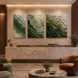 Green contour abstract relief canvas set of 3 in a marble reception lobby