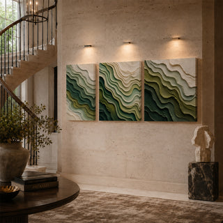 Green contour abstract relief canvas triptych on a stairwell wall