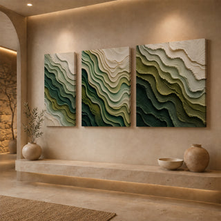 Gallery wrap green ridge abstract relief canvas above a stone ledge