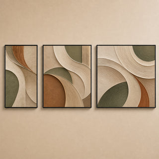 Sage and rust arc abstract relief canvas set of 3 in black box frames