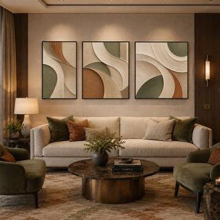 Black box framed sage arc abstract relief canvas set of 3 in a lounge