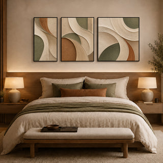 Framed abstract relief wall art above a bed in a warm bedroom