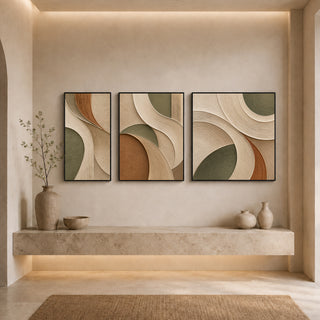 Black box framed abstract relief canvas set above a stone ledge