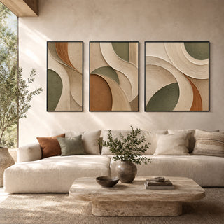 Framed 3D relief abstract wall art in a sunlit living room