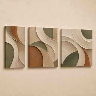 Sage and cream curved arc abstract relief canvas triptych in gallery wrap