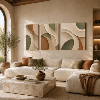 Sage and rust sweeping arc abstract 3D relief textured canvas print set of 3