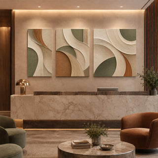 Sage arc abstract relief canvas set of 3 in a marble reception lobby
