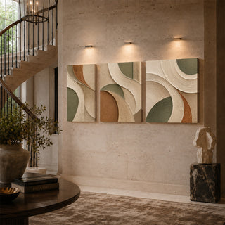 Sage arc abstract relief canvas triptych on a stairwell wall
