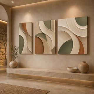 Gallery wrap sage and rust arc abstract relief canvas above a stone ledge