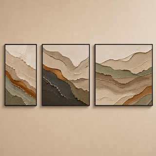 Layered mountain ridge abstract relief canvas set of 3 in black box frames