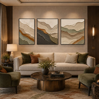Black box framed earth tone ridge abstract relief canvas set of 3 in a lounge