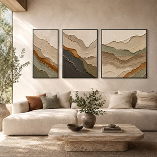 Framed 3D relief abstract wall art in a sunlit living room