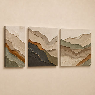Cream and charcoal layered ridge abstract relief canvas triptych in gallery wrap