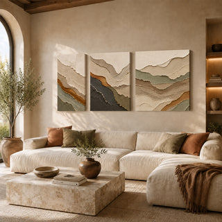Cream rust and charcoal layered ridge abstract 3D relief textured canvas print set of 3