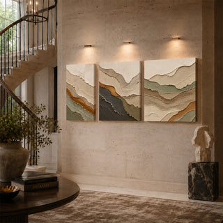 Cream and rust layered ridge abstract relief canvas triptych on a stairwell wall