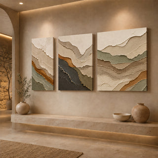 Gallery wrap layered mountain abstract relief canvas above a stone ledge