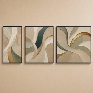 Cream and gold spiral abstract relief canvas set of 3 in black box frames